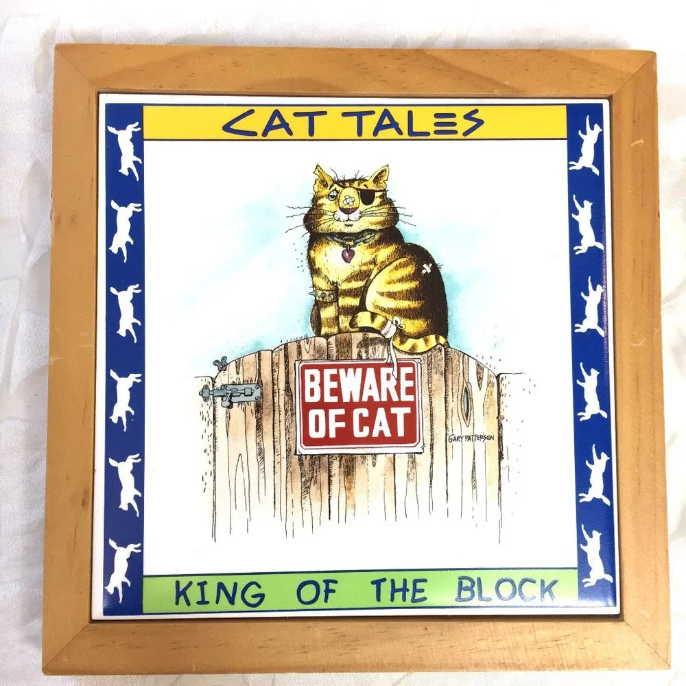 VTG Gary Patterson Tile Wall Trivet Beware of Cat  7” x 7.25”